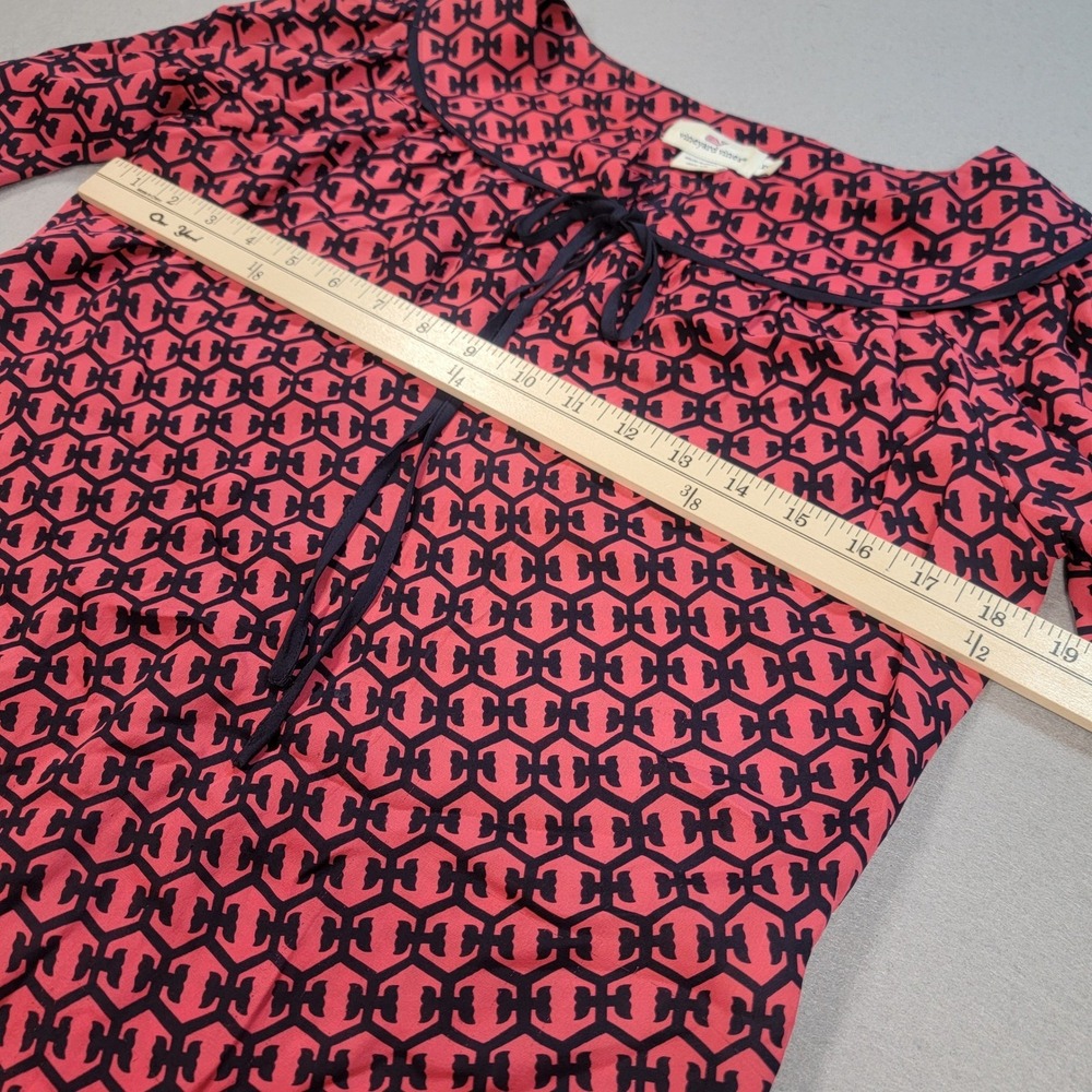 Vineyard Vines Silk Tunic Top Pink Navy Tie Neck Blouse Womens XS Preppy Coastal - Picture 4 of 7